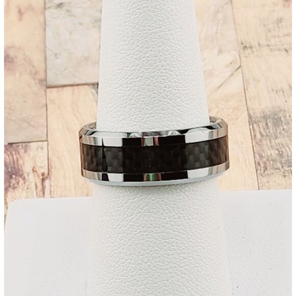 Unbranded Other - Mens Ring Silver 7MM Geometric Pattern Black Carbon Fiber Inlay Band Ring sz 12